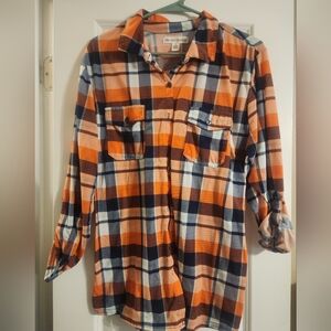 Womens 1X Orange and Blue Plaid Button Down Shirt By New York Laundry